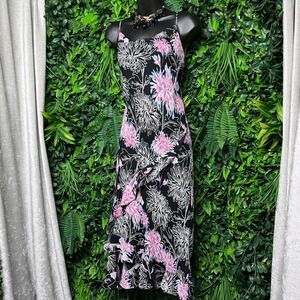 Vintage RAG Dress Medium Floral Black Pink Blue Ruffle Size 11/12 Midi 3790